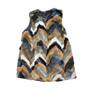 Romeo Juliet Couture Faux Fur Vest Chevron Pattern Blue Brown Sleeveless L